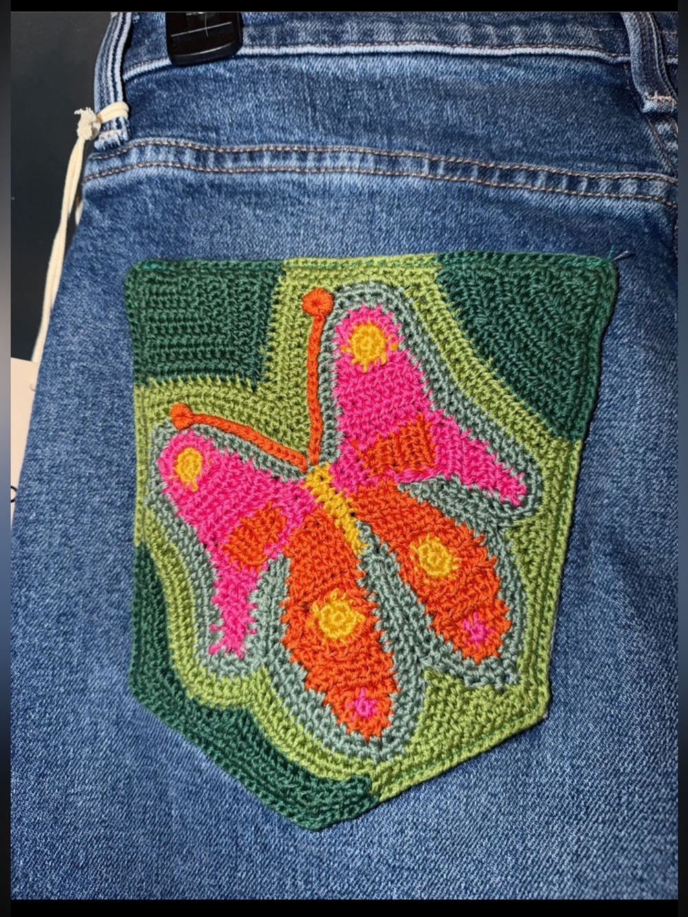 MOTHER Dodger Ankle Knick Knack Paddy Whack. NWT Crochet Butterfly back pocket.